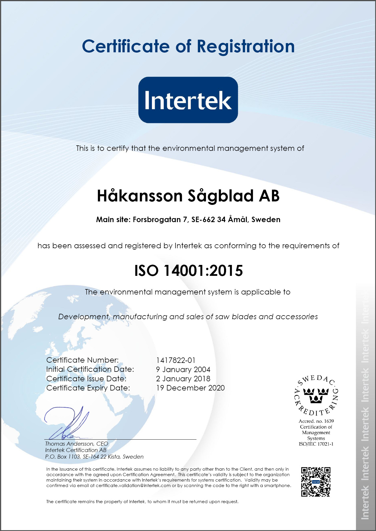 ISO 14001 Hakansson saw blade