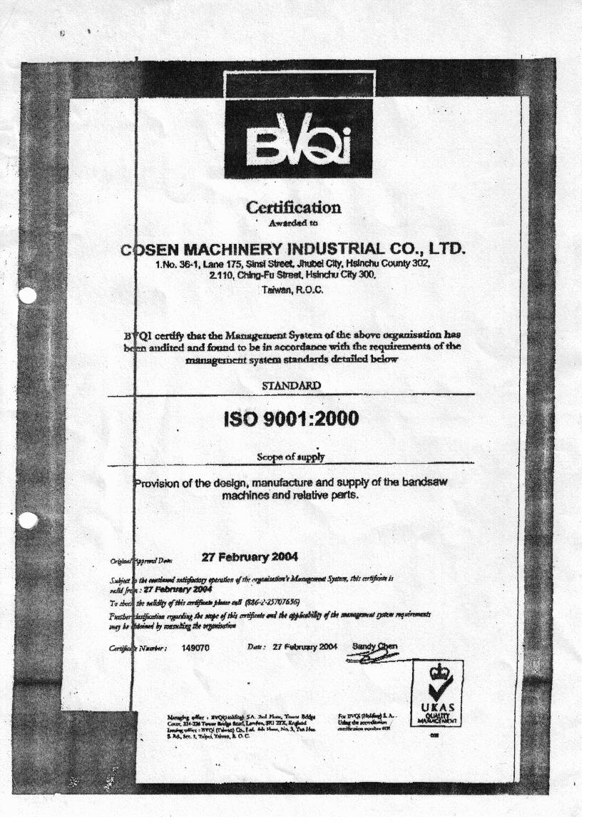 ISO 9001 Cosen machine