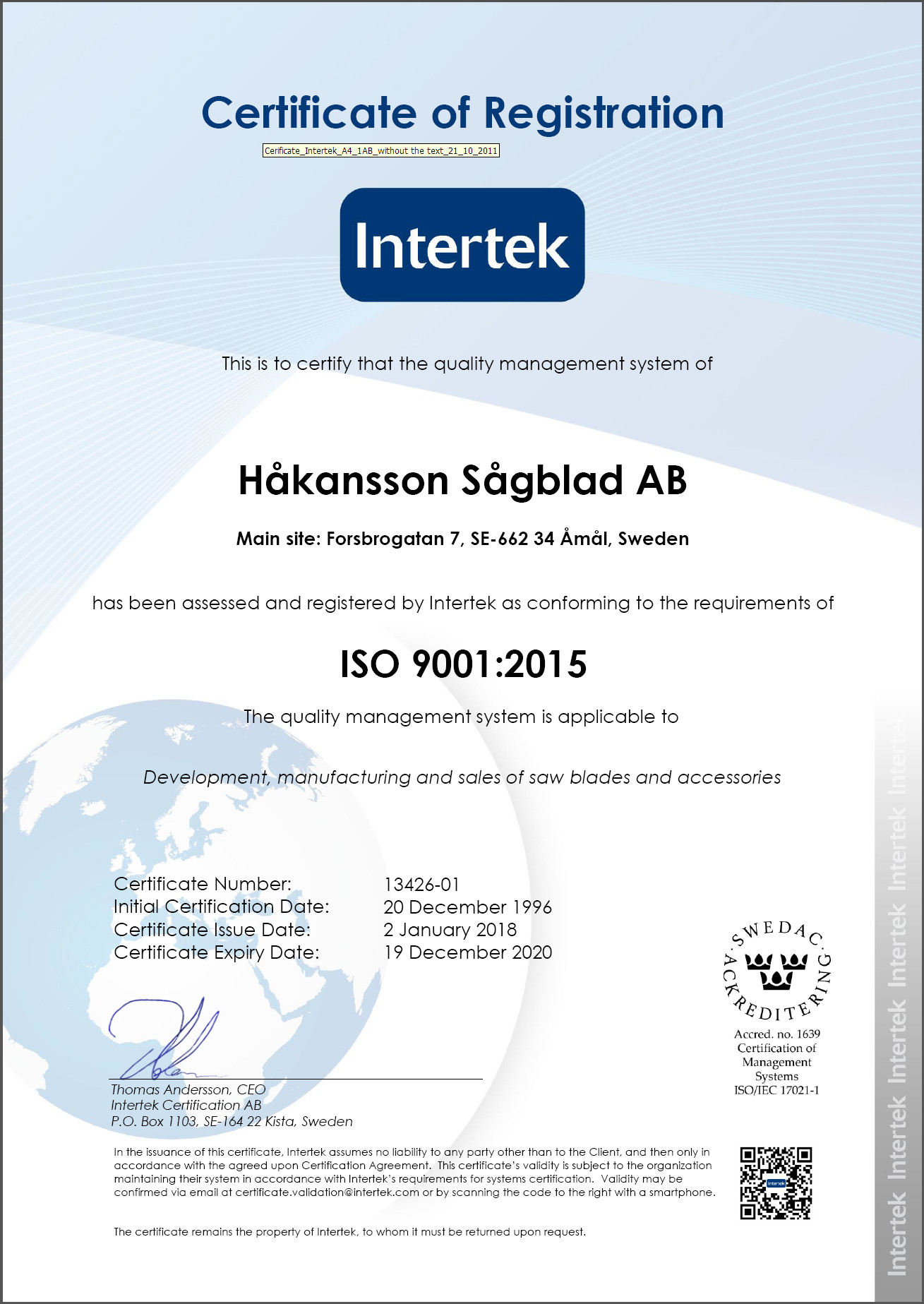 ISO 9001 Hakansson saw blade