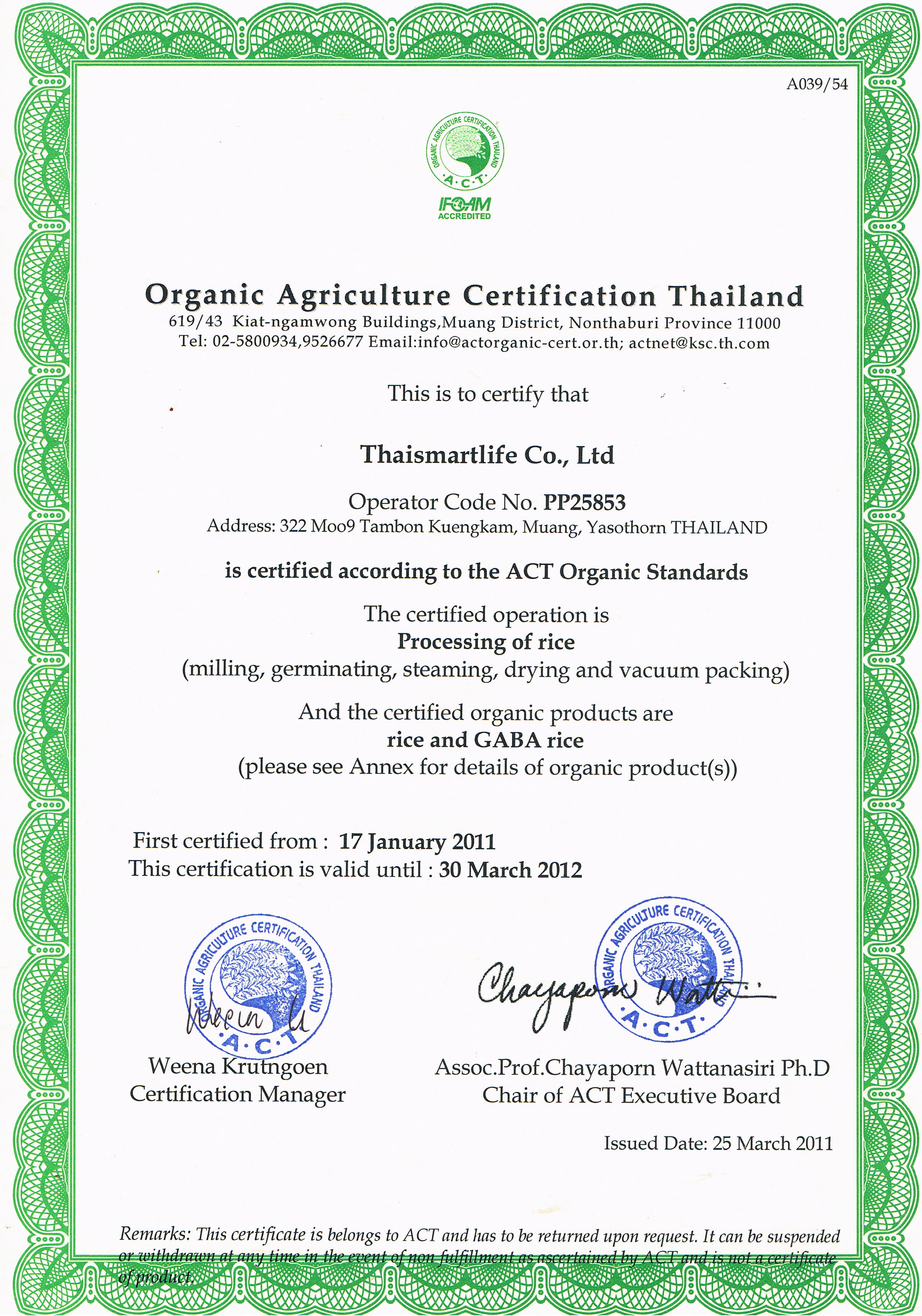 Organic Agriculture Certification Thailand 