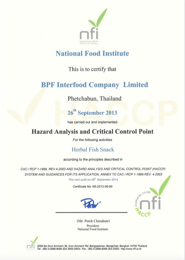 Certificate of HACCP