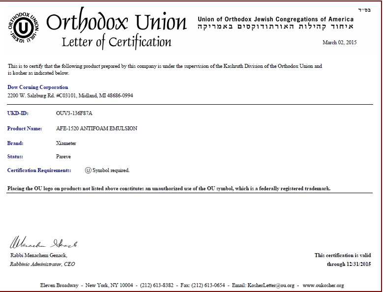 Orthodox Union Letter of Certification